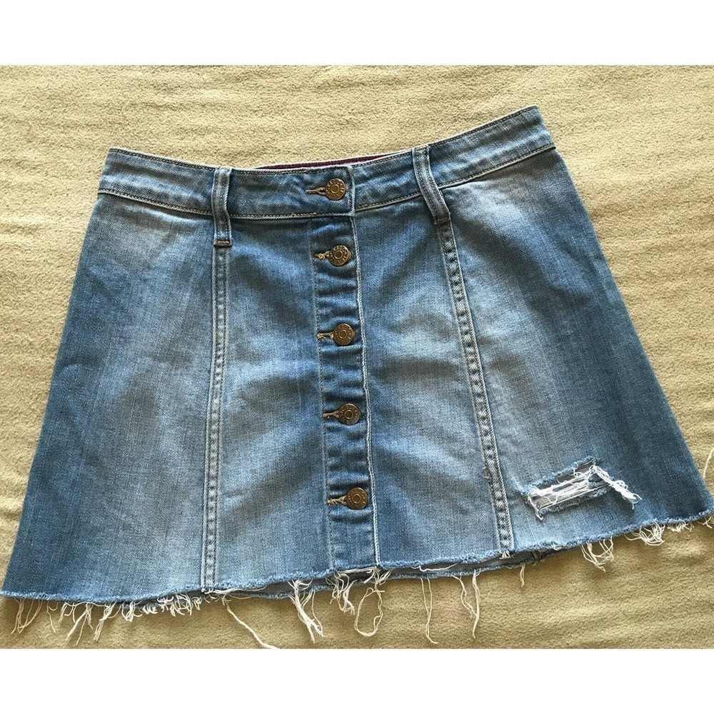Cello Jeans Junior SzS Denim Mini Skirt Distressed Button Front Pre-Owned